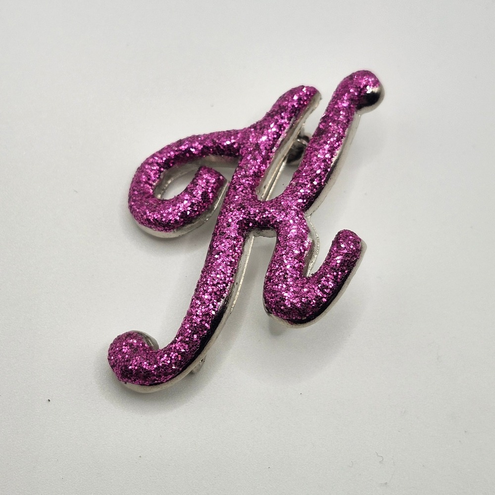 Pink Glitter Initial Letter H Brooch Pin Silver Tone Metal Script Font Jewelry